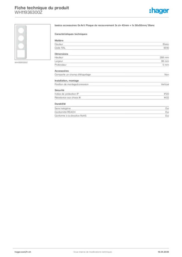 Image Hager Fiche technique du produit WH11936300Z | Hager Suisse