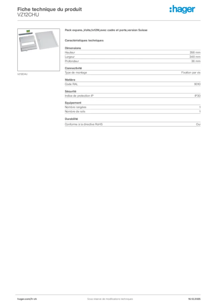 Image Hager Fiche technique du produit VZ12CHU | Hager Suisse