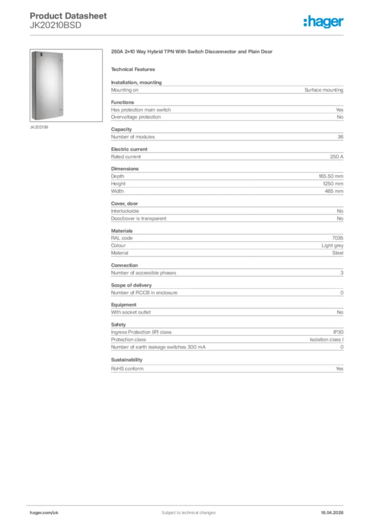 Image Hager Product data sheet JK20210BSD  | Hager