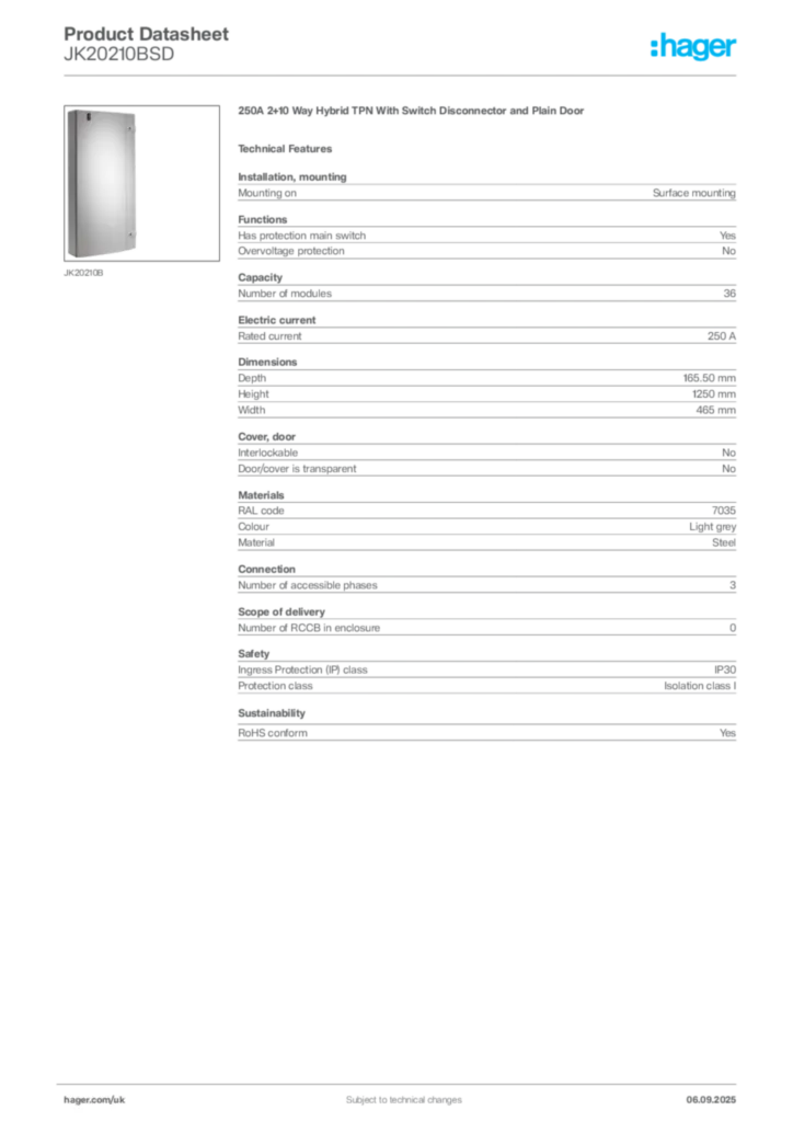 Image Hager Product data sheet JK20210BSD  | Hager