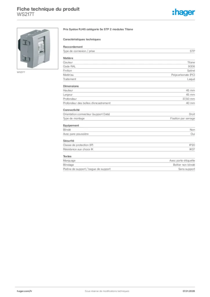 Image Hager Fiche technique du produit WS217T | Hager France