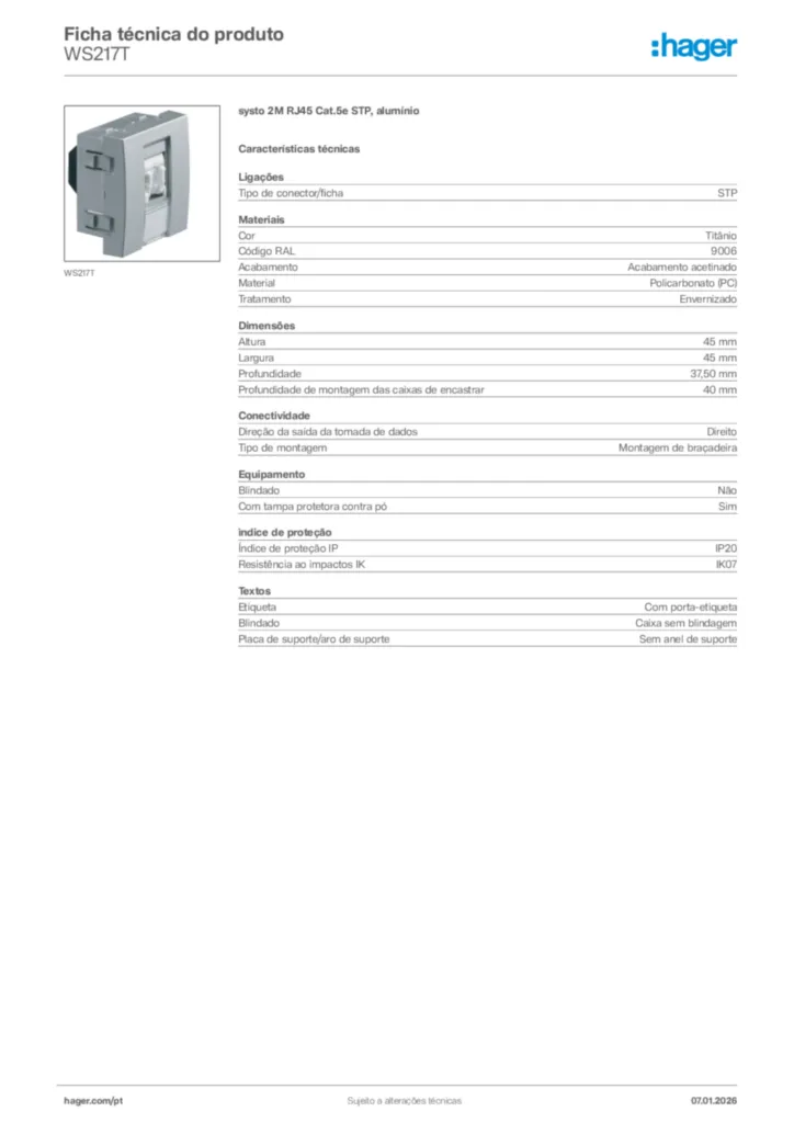 Imagem Hager Ficha técnica do produto WS217T | Hager Portugal