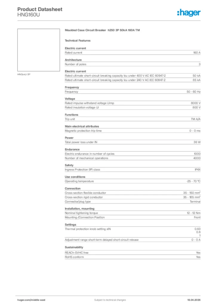 Image Hager Product data sheet HNG160U  | Hager