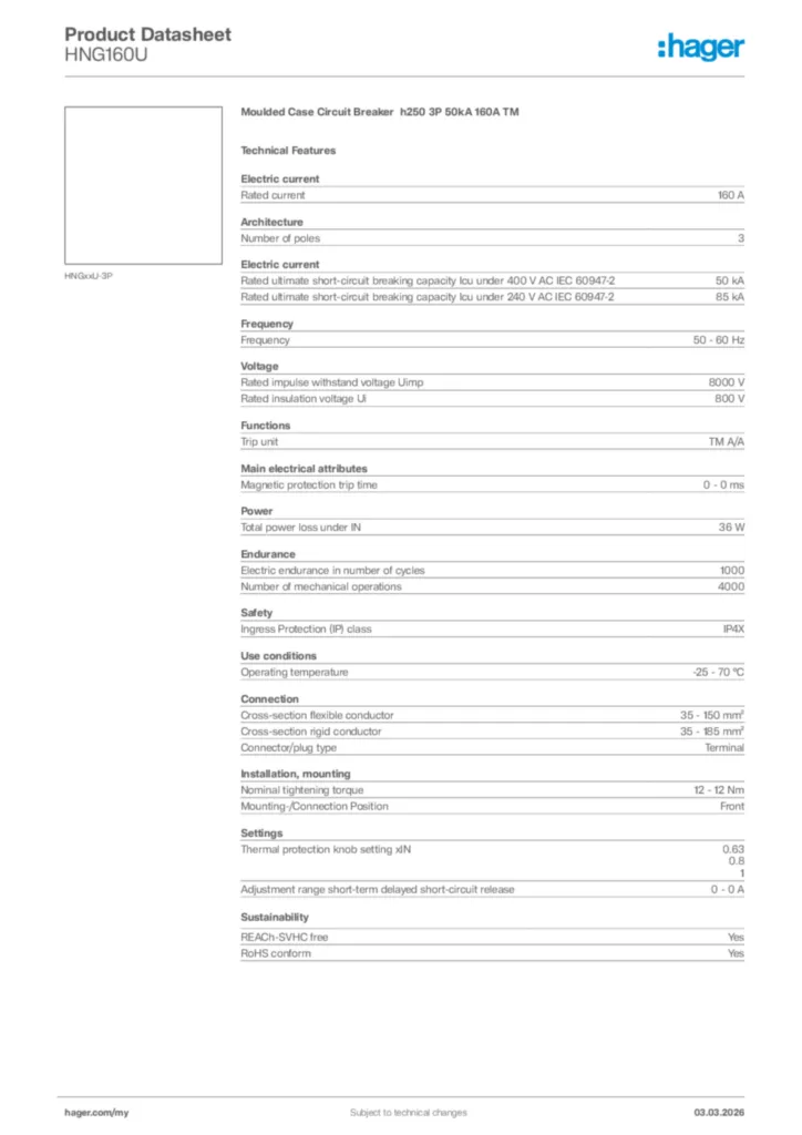 Image Hager Product data sheet HNG160U  | Hager