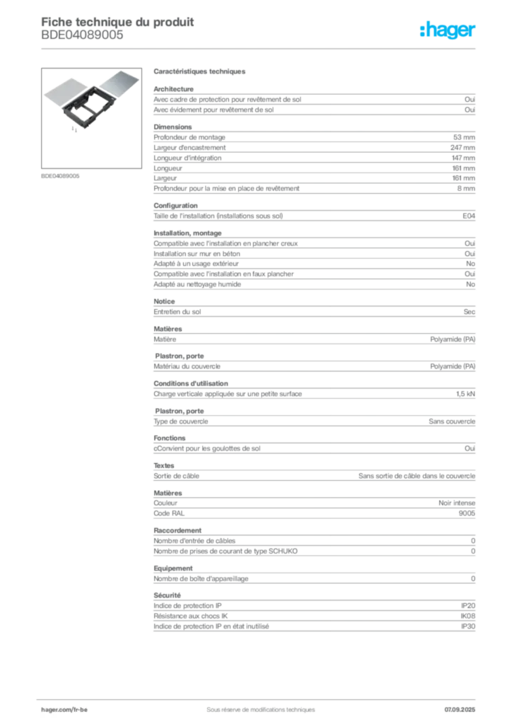 Image Hager Fiche technique du produit BDE04089005 | Hager Belgique