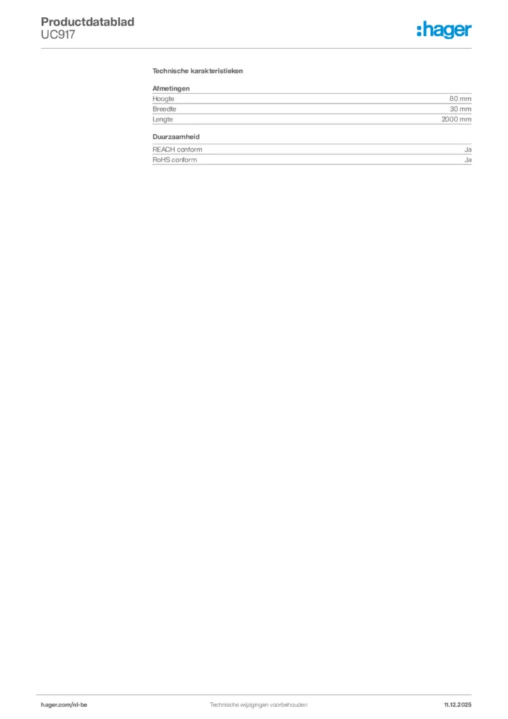 Afbeelding Hager Productdatablad UC917 | Hager Belgium