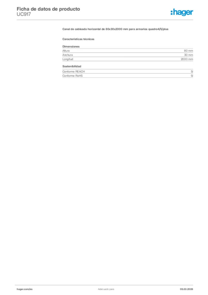 Imagen Hager Ficha de datos de producto UC917 | Hager España