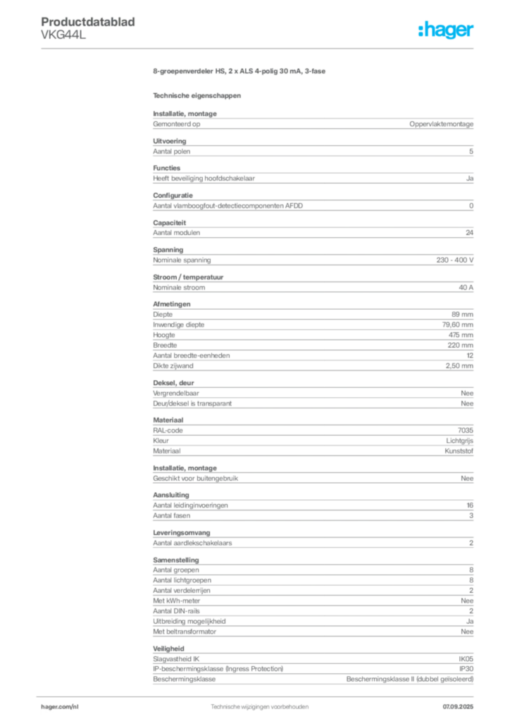 Afbeelding Hager Productdatablad VKG44L | Hager Nederland