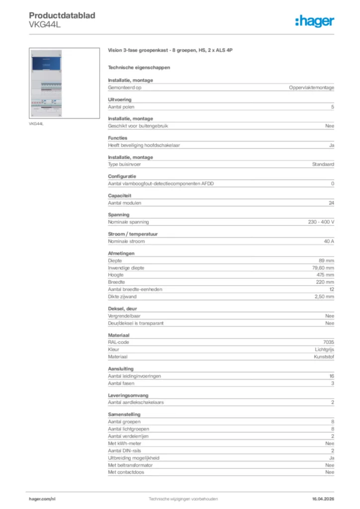 Afbeelding Hager Productdatablad VKG44L | Hager Nederland