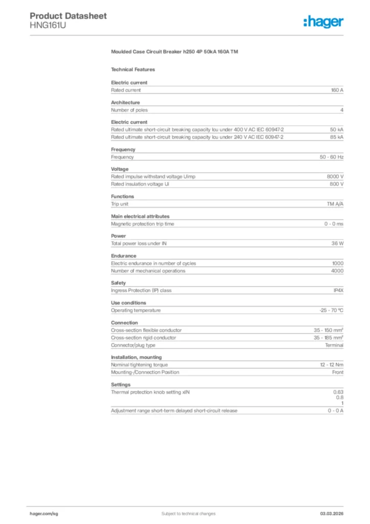 Image Hager Product data sheet HNG161U  | Hager