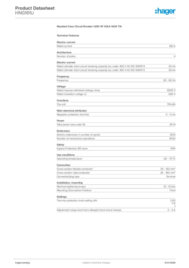 Image Hager Product data sheet HNG161U  | Hager