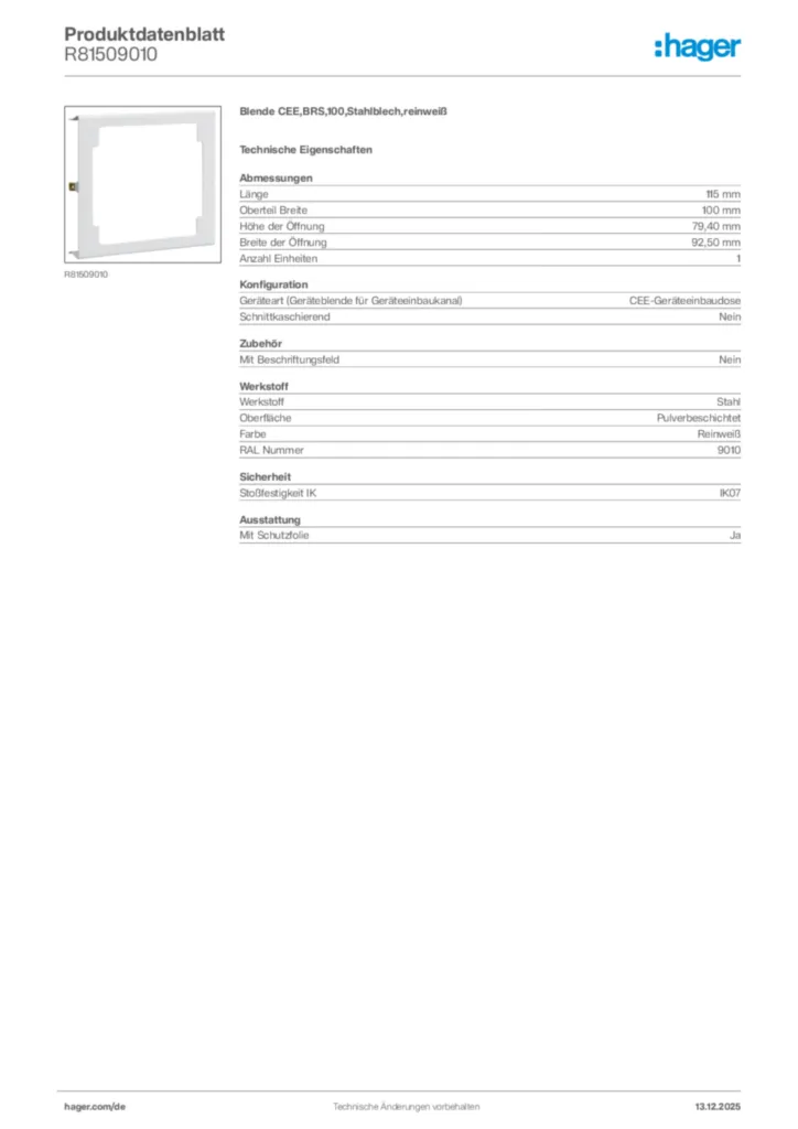 Bild Hager Produktdatenblatt R81509010 | Hager Deutschland