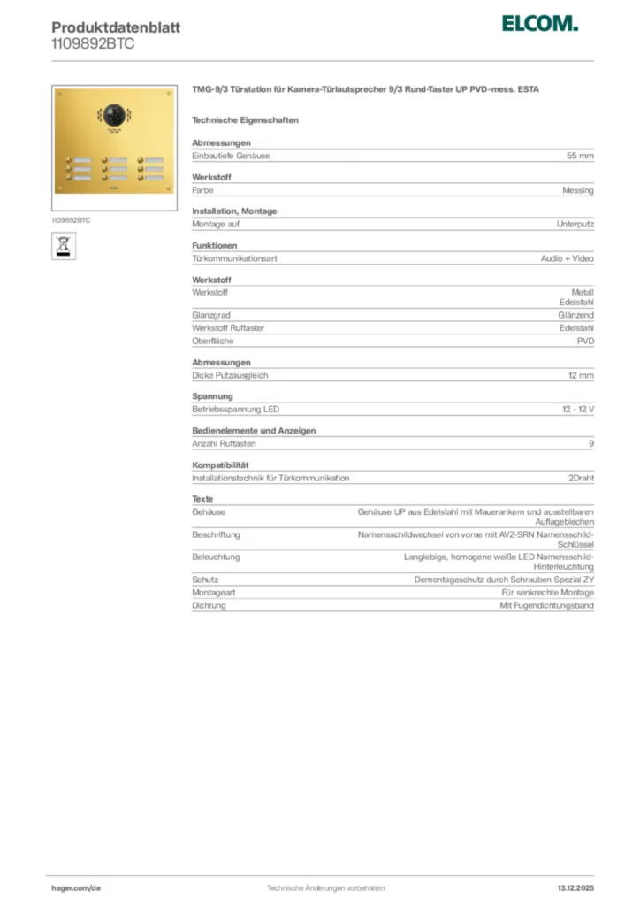 Bild Elcom Produktdatenblatt 1109892BTC | Hager Deutschland