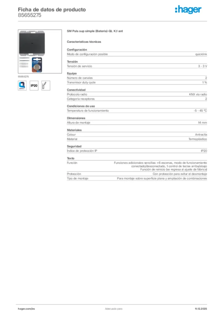 Imagen Hager Ficha de datos de producto 85655275 | Hager España