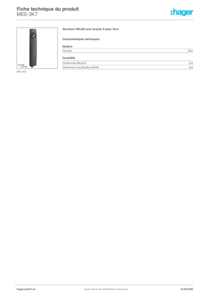 Image Hager Fiche technique du produit MES-3K7 | Hager Suisse
