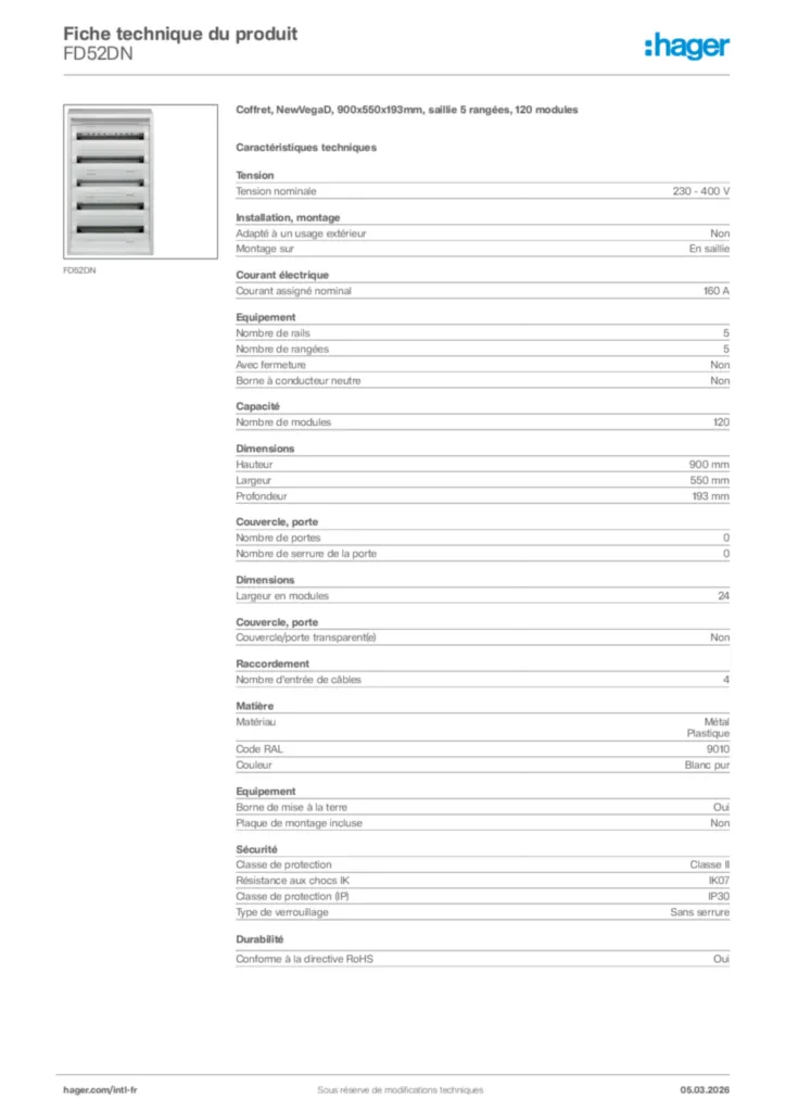 Image Hager Fiche technique du produit FD52DN | Hager Afrique