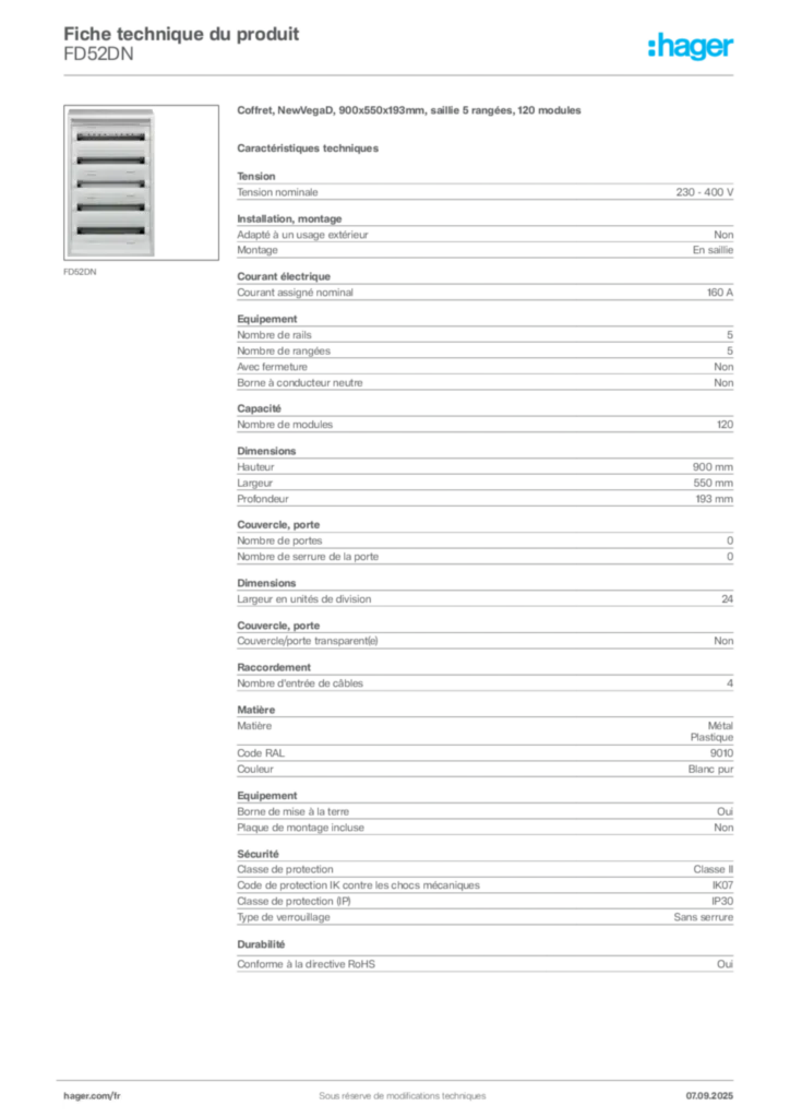 Image Hager Fiche technique du produit FD52DN | Hager France