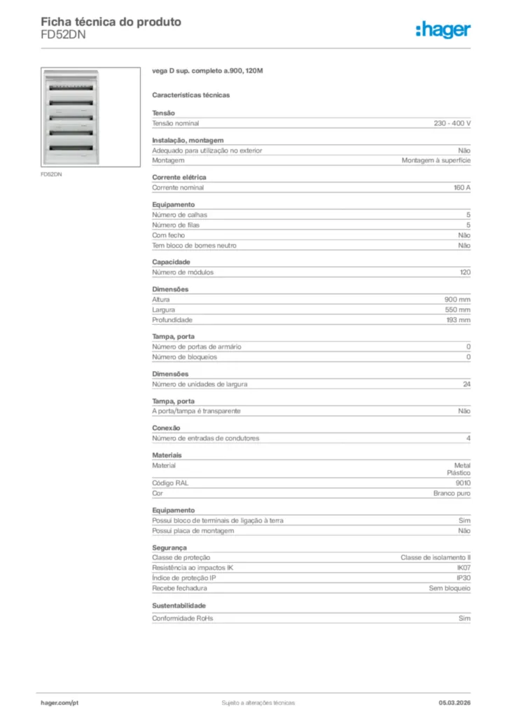 Imagem Hager Ficha técnica do produto FD52DN | Hager Portugal