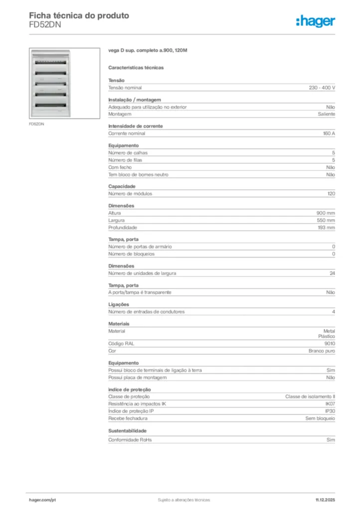 Imagem Hager Ficha técnica do produto FD52DN | Hager Portugal