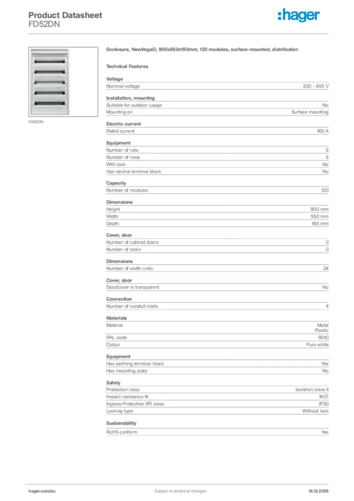 Image Hager Product data sheet FD52DN  | Hager Australia
