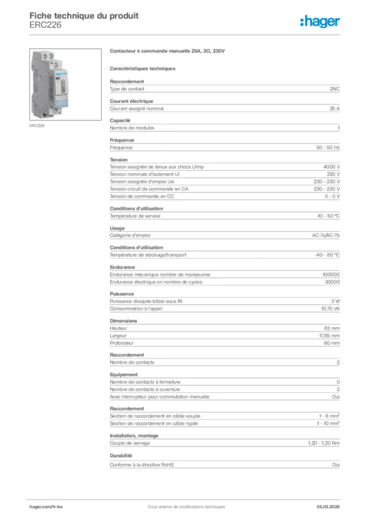Image Hager Fiche technique du produit ERC226 | Hager Belgique