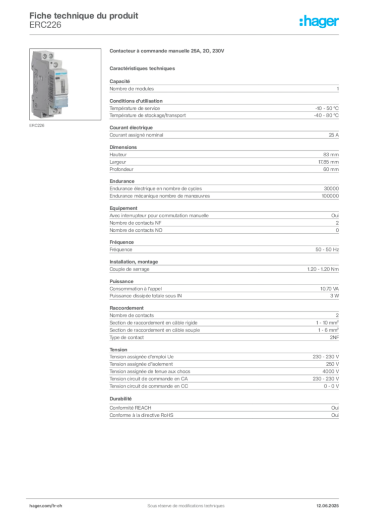 Image Hager Fiche technique du produit ERC226 | Hager Suisse