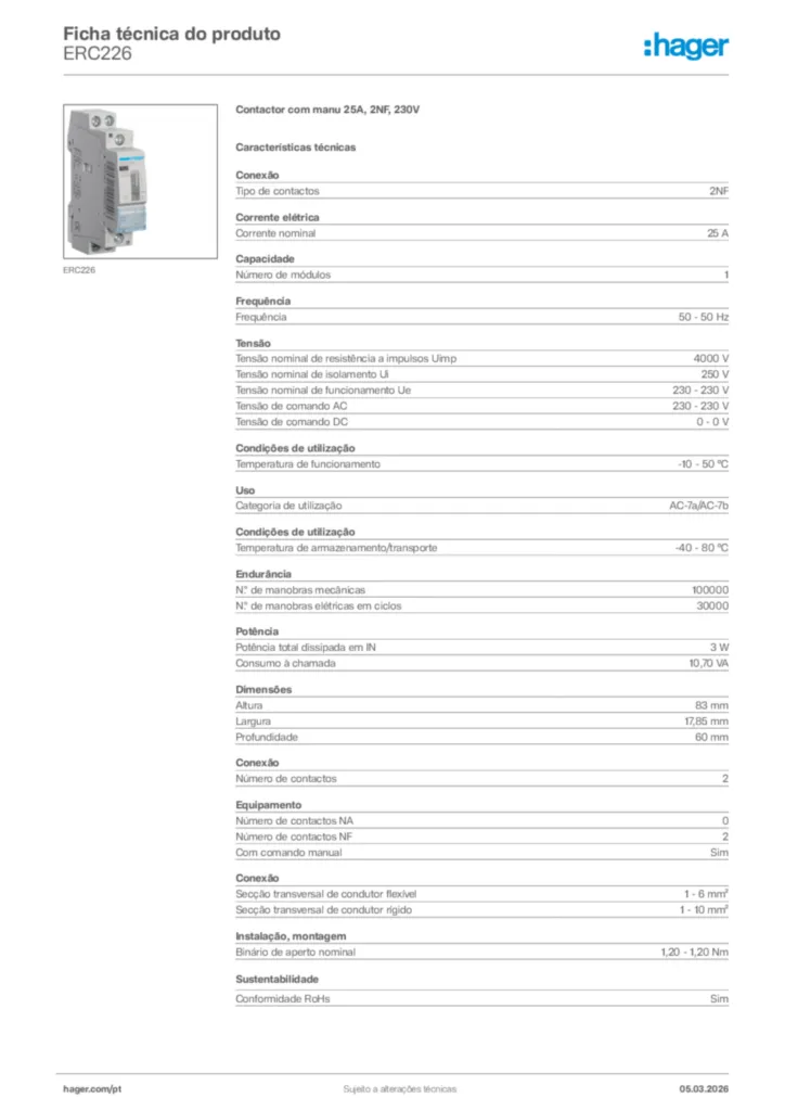 Imagem Hager Ficha técnica do produto ERC226 | Hager Portugal