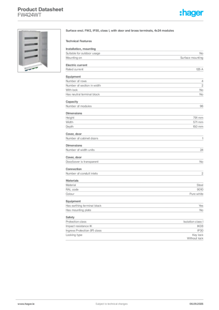 Image Hager Product data sheet FW424WT  | Hager