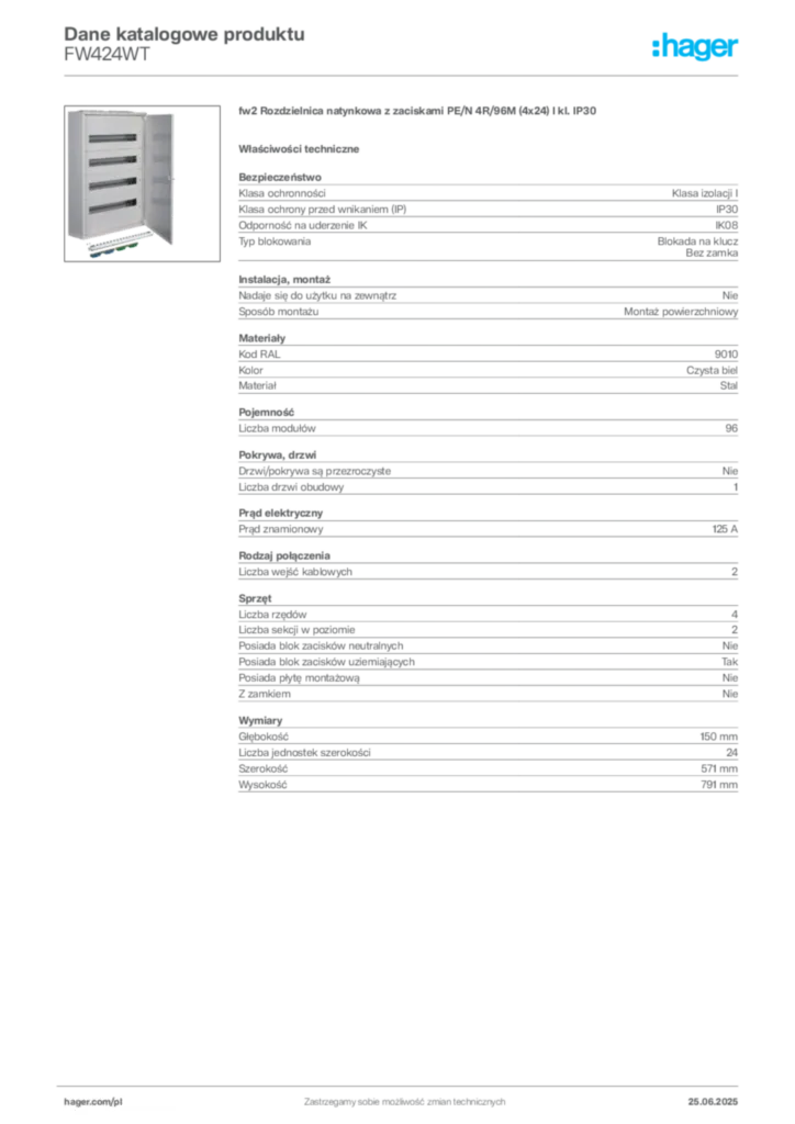 Zdjęcie Hager Karta katalogowa FW424WT | Hager Polska