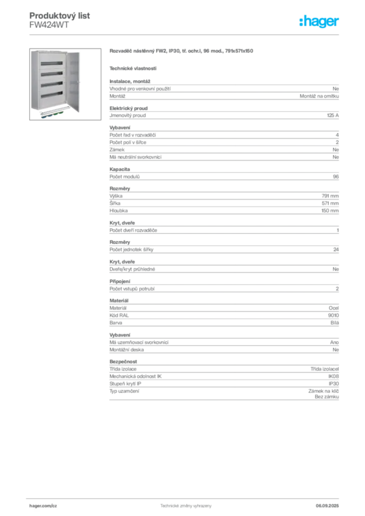 Obrázek Hager Produktový list FW424WT | Hager