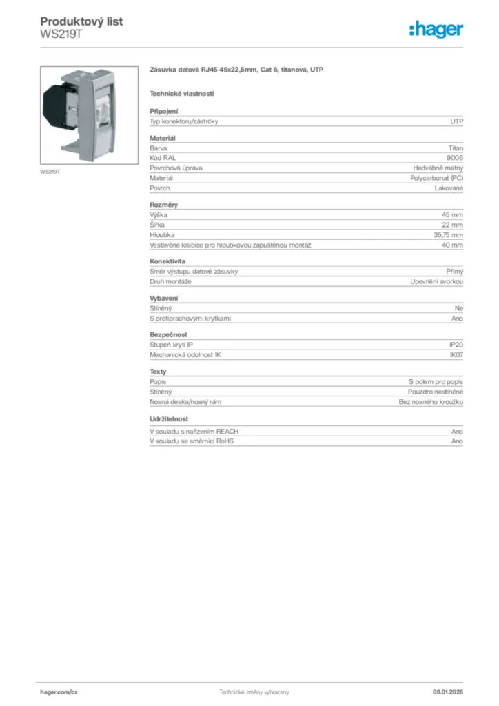 Obrázek Hager Product data sheet WS219T | Hager