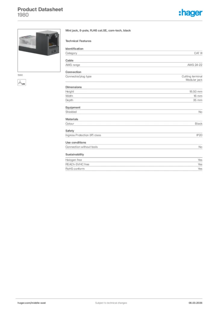 Image Hager Product data sheet 1980  | Hager