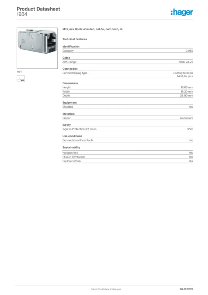 Image Hager Product data sheet 1984  | Hager Africa