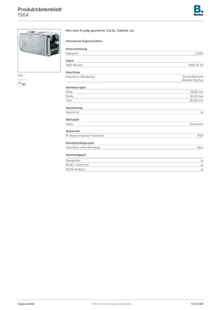 Berker Produktdatenblatt 1984