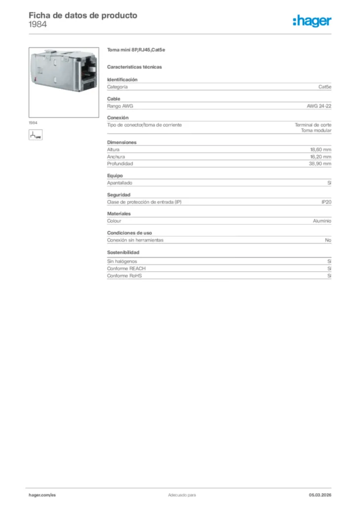 Imagen Hager Ficha de datos de producto 1984 | Hager España