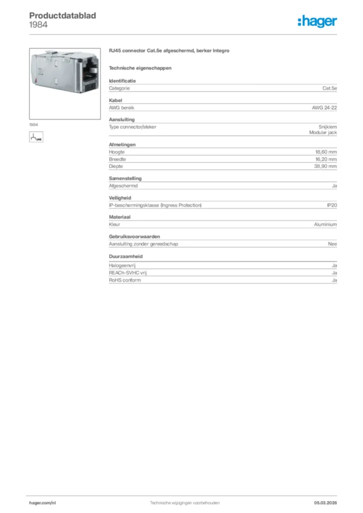 Afbeelding Hager Productdatablad 1984 | Hager Nederland