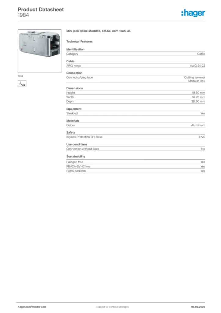Image Hager Product data sheet 1984  | Hager