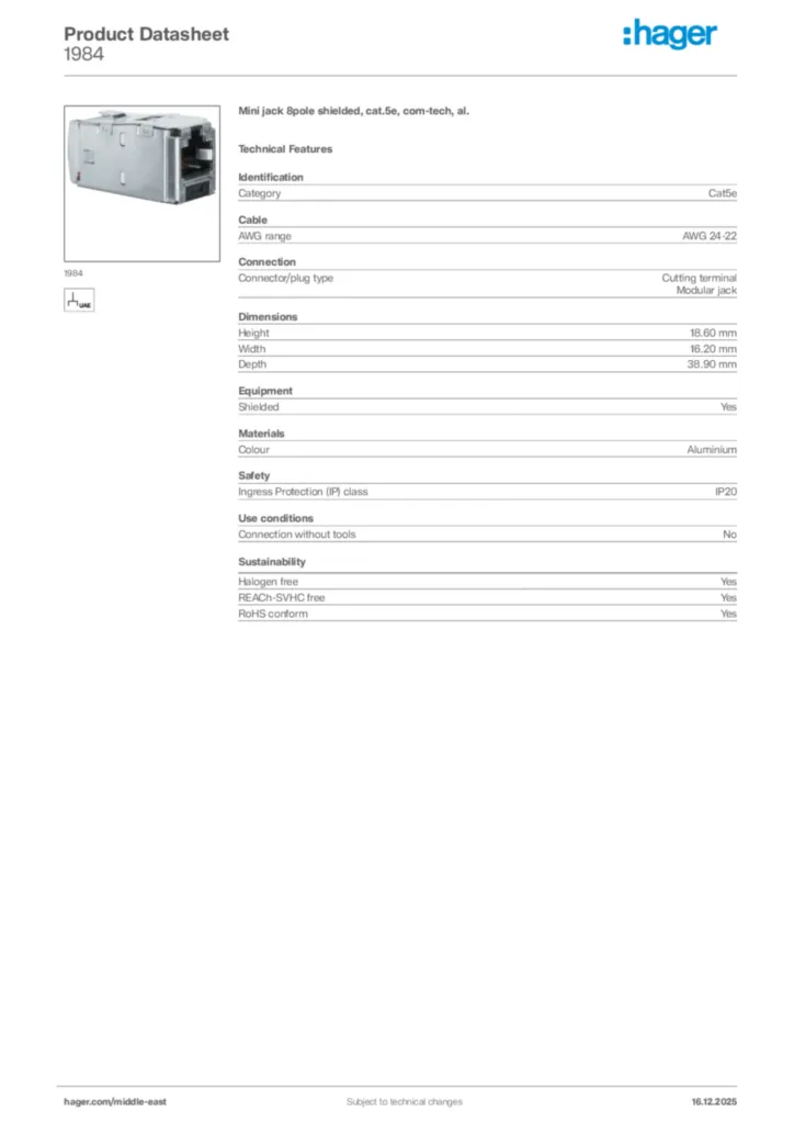 Image Hager Product data sheet 1984  | Hager