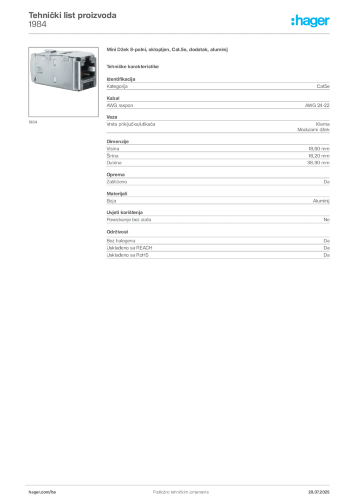 Slika Hager Product data sheet 1984  | Hager