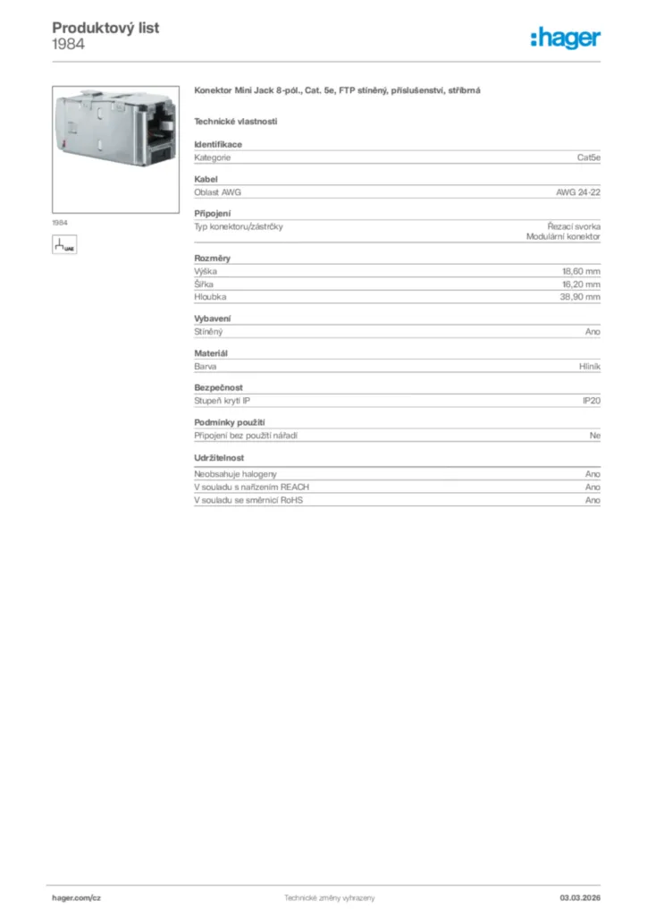 Obrázek Hager Product data sheet 1984 | Hager