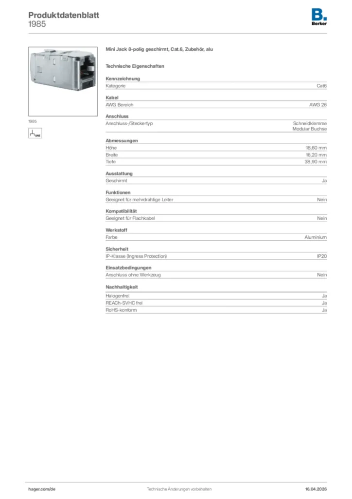 Bild Berker Produktdatenblatt 1985 | Hager Deutschland