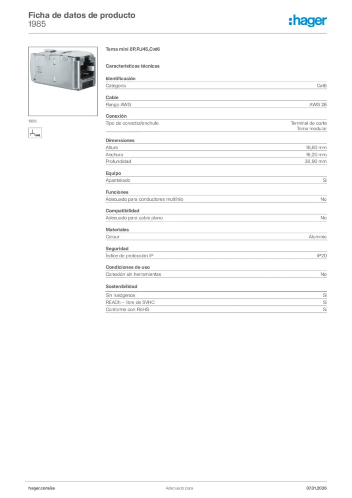 Imagen Hager Ficha de datos de producto 1985 | Hager España