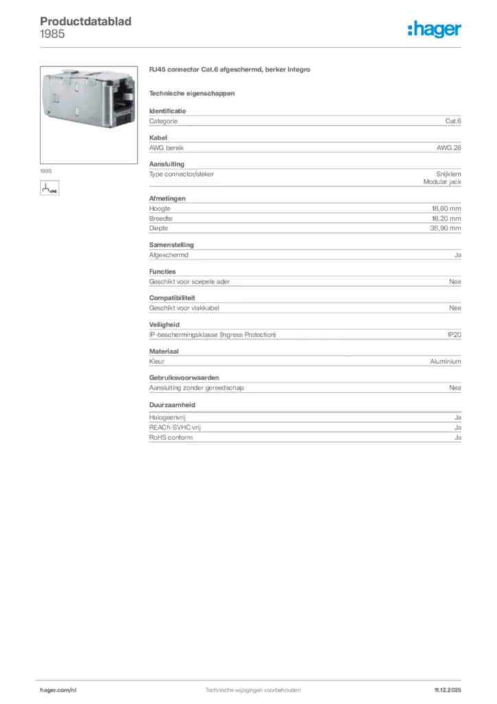 Afbeelding Hager Productdatablad 1985 | Hager Nederland