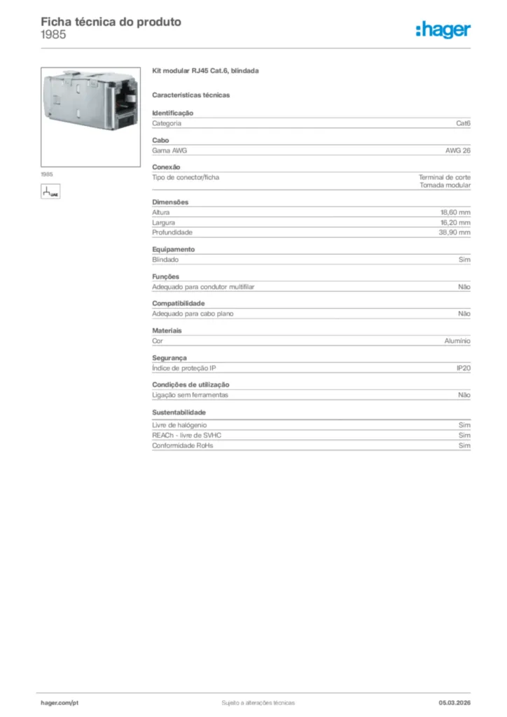 Imagem Hager Ficha técnica do produto 1985 | Hager Portugal