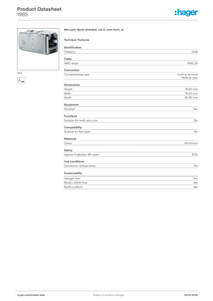 Image Hager Product data sheet 1985  | Hager