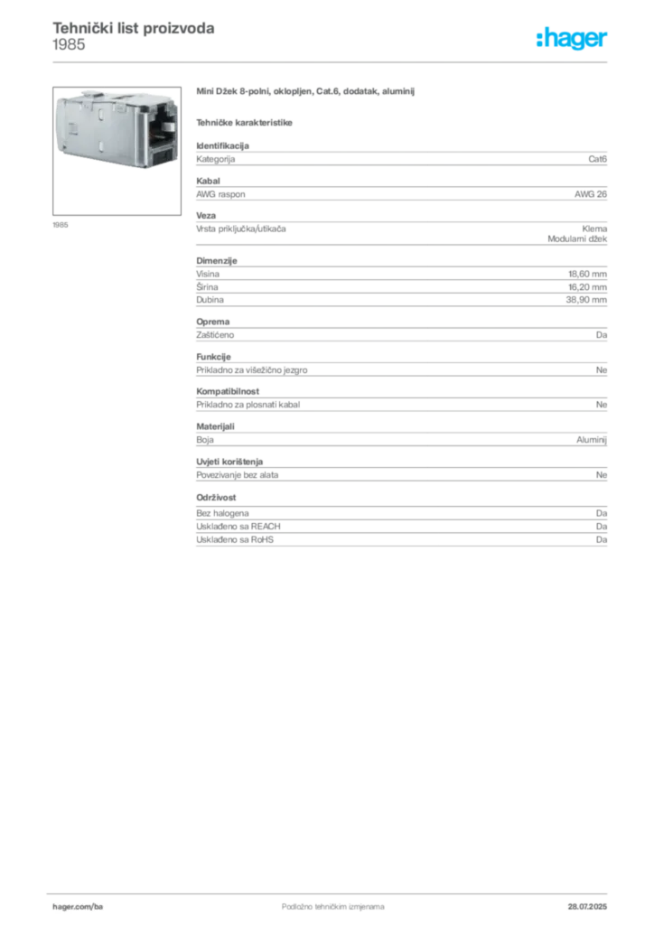 Slika Hager Product data sheet 1985  | Hager