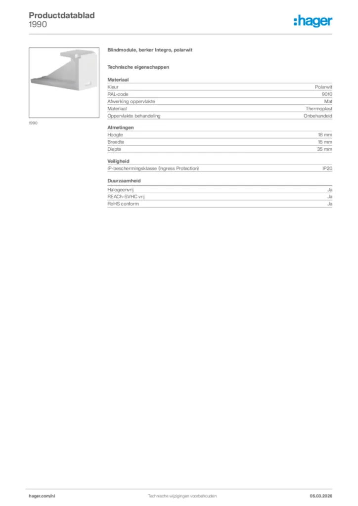 Afbeelding Hager Productdatablad 1990 | Hager Nederland