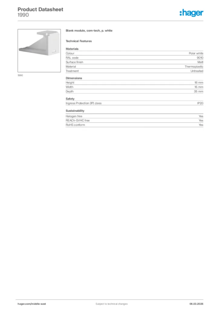 Image Hager Product data sheet 1990  | Hager