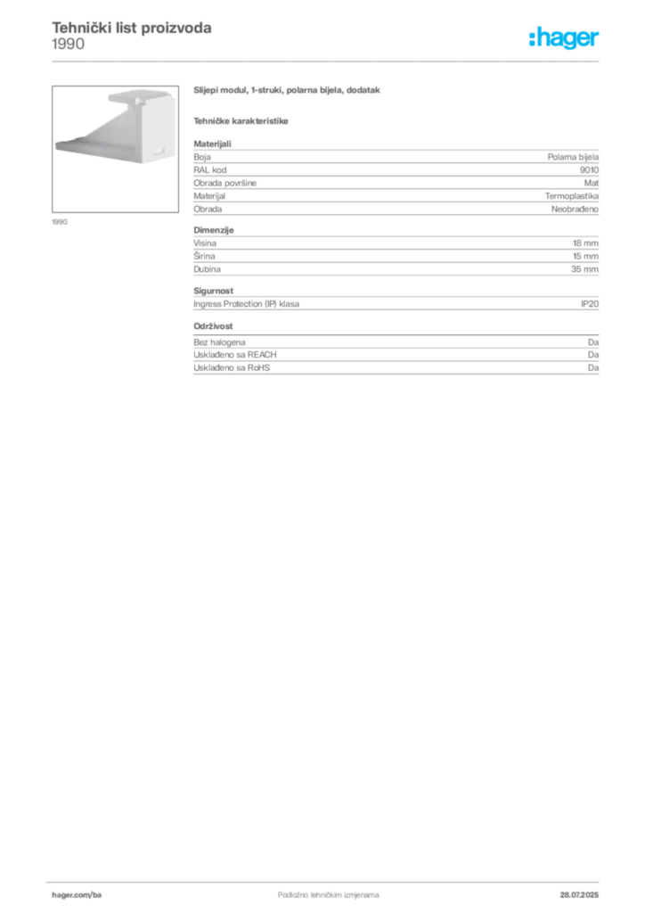 Slika Hager Product data sheet 1990  | Hager