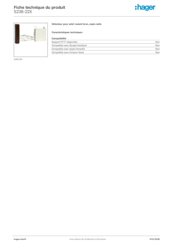 Image Hager Fiche technique du produit S236-22X | Hager France